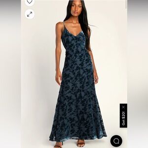 Maximum Elegance Navy Blue Burnout Velvet Maxi Dress